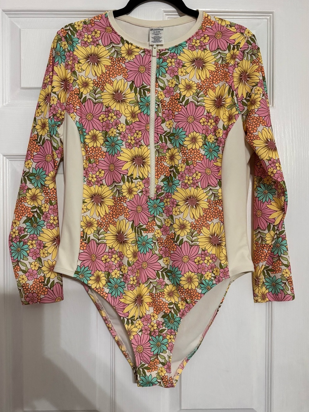 No Boundaries Floral Long-Sleeve One-Piece Swimsuit - Pink Yellow Teal Cream